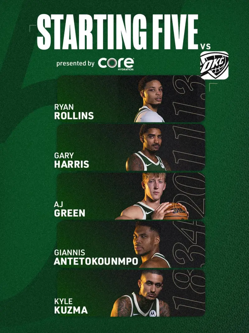 亿万28-雄鹿首发：字母哥、罗林斯、哈里斯、AJ-格林、库兹马